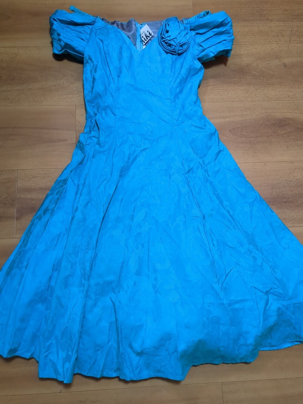 Vintage 80s Niki Teal Blue Green Retro Off-Shoulder  Formal Party Dress